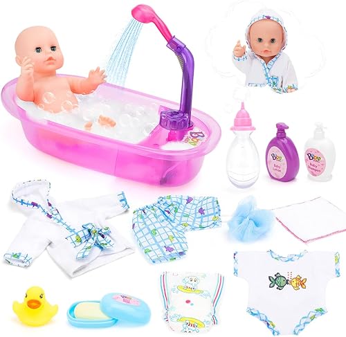 deAO Juego de muñecas de bebé, juego de muñecas de baño de 13 pulgadas con spray de ducha de trabajo y accesorios para niños, muñeca bebé y