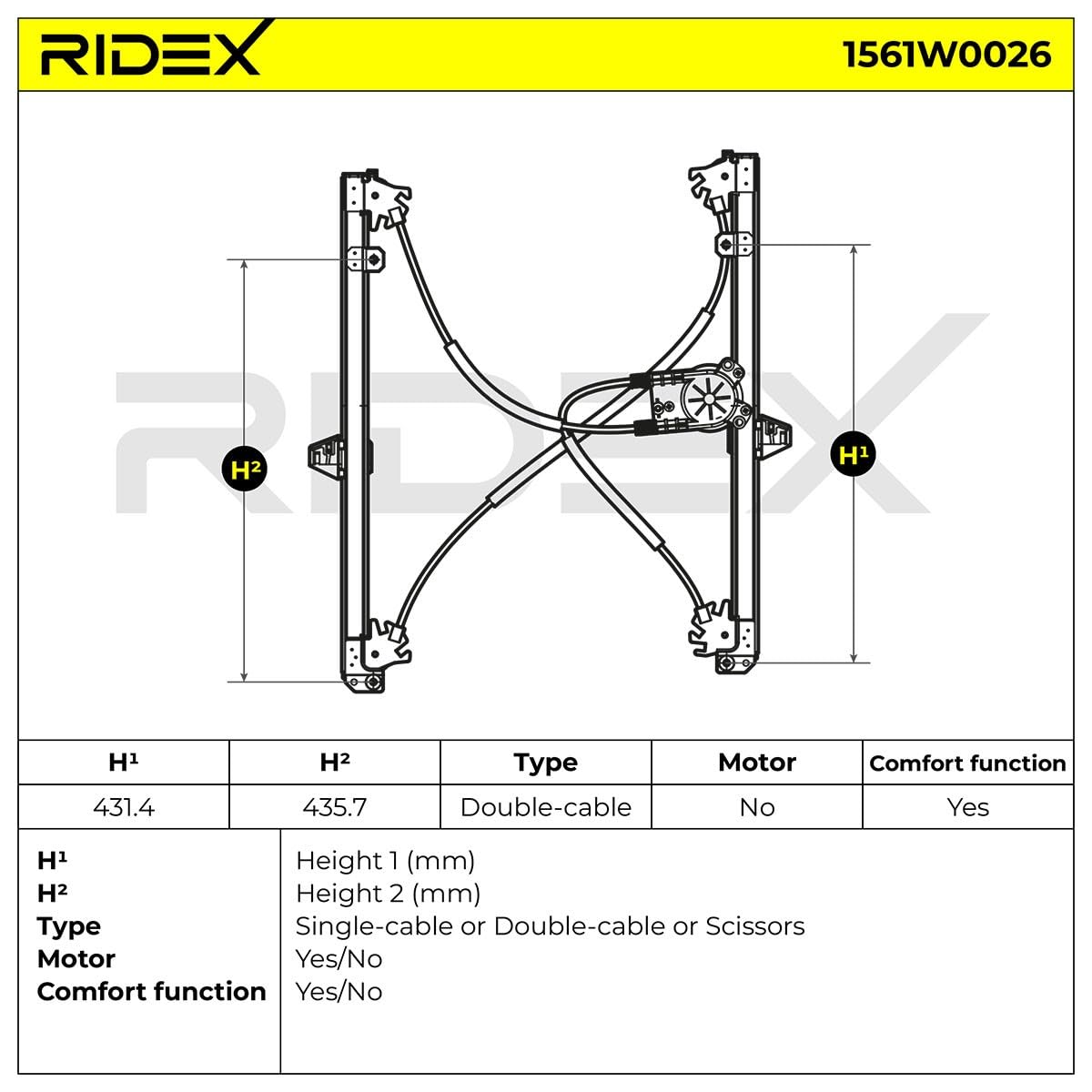 RIDEX 1561W0026 Elevalunas eléctrico Delante, Izquierda Compatible con RENAULT MEGANE II Ranchera familiar KM0/1