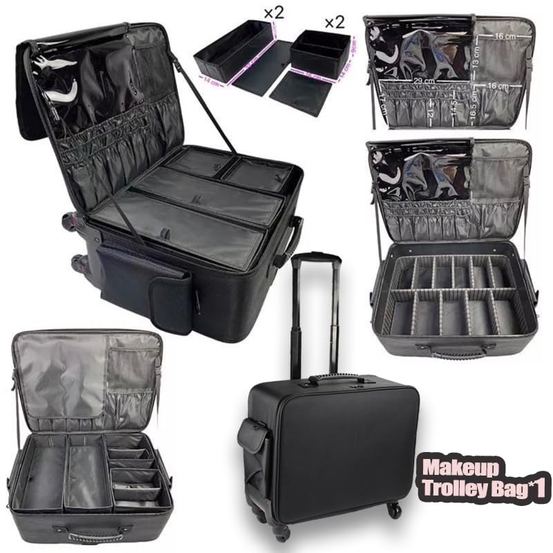 Image of Adson Multifunctional Professional Beauty Makeup Artist Rolling Cosmetic Aluminium Vanity Trolley Beauty Train case Makeup Cosmetic Trolley Hairstylist Travel Organizer (Metallic Jet Black)
