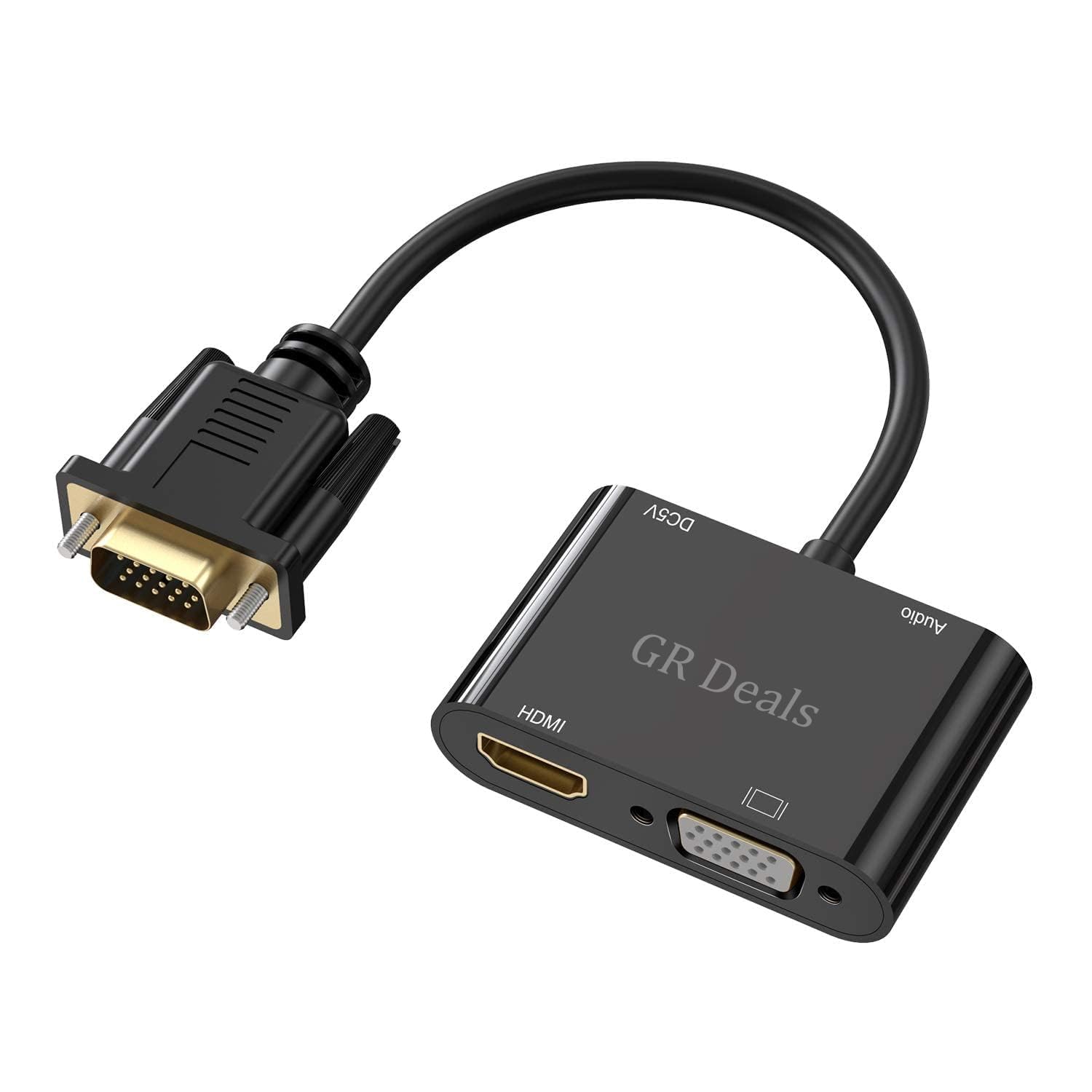 GR Deals 1080P VGA to HDMI/VGA Dual Display Splitter Adapter. Includes 3.5mm Audio & Charging Cable for PC, Laptop, Monitor, and Projector. (Black).
