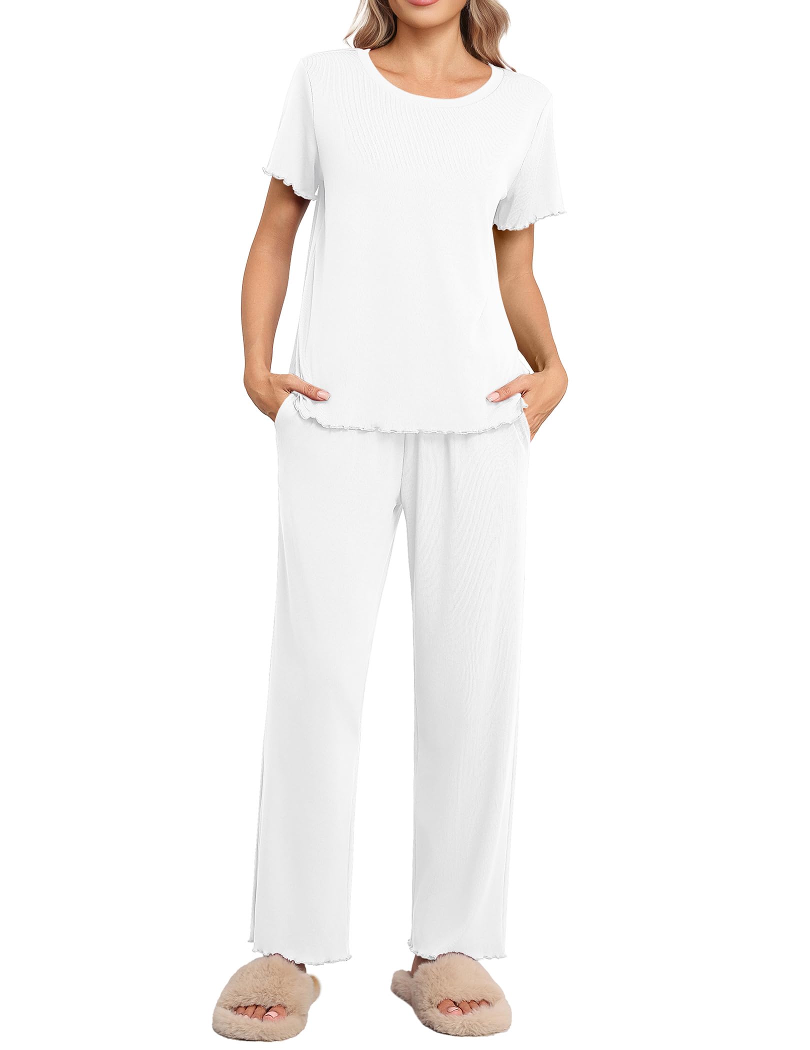 Ekouaer Damespyjamaset met lange mouwen, zachte tweedelige pyjamasets, ronde hals, loungewear, nachtkleding, top en broek, nachtkleding met zakken, S-XXL, grijs-zwart, S