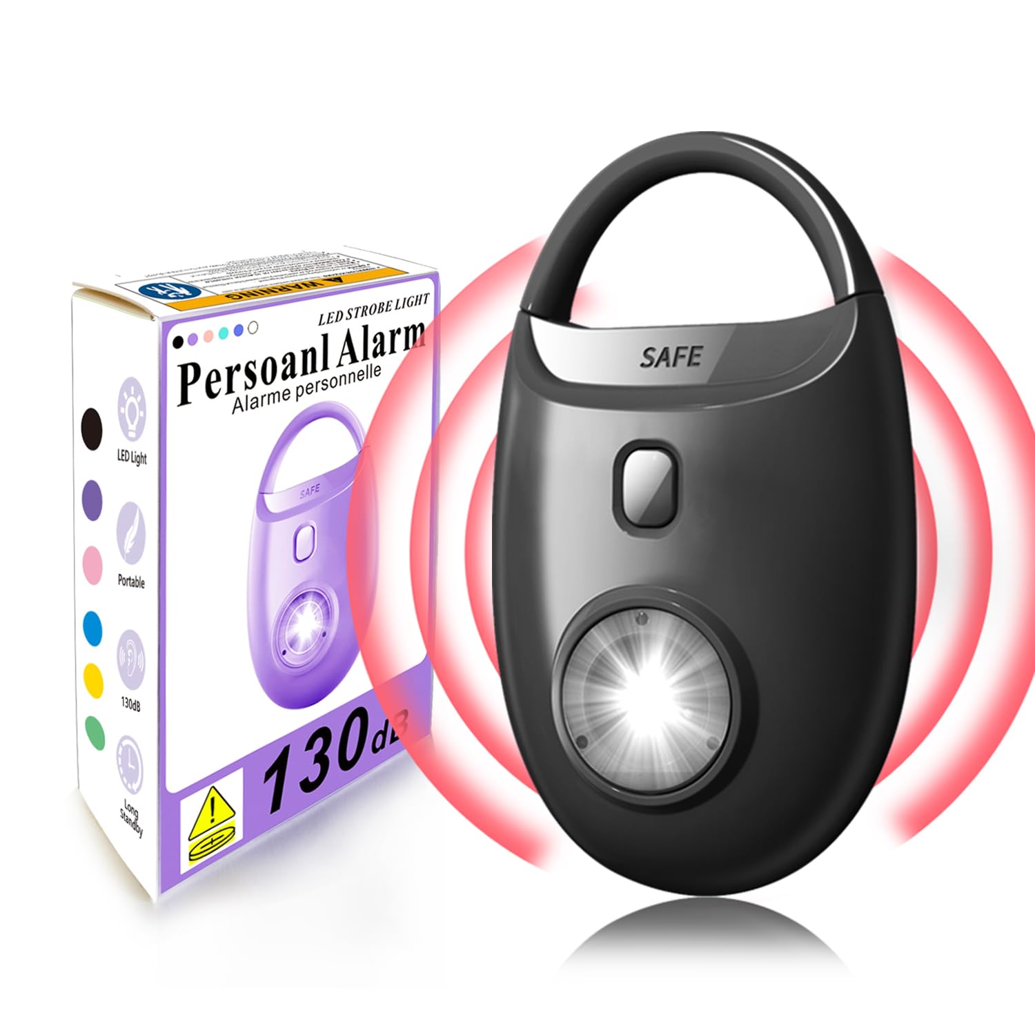 Alarma de seguridad personal con luz estroboscópica LED, llavero de autodefensa de 130 dB para mujeres y niñas, estudiantes, sirena de alarma de seguridad de emergencia