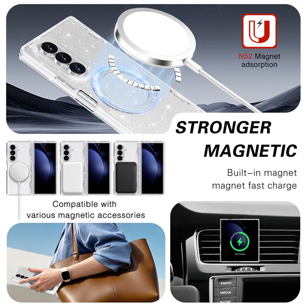 Custodia per telefono antiurto con supporto magnetico girevole a 360° per Samsung Galaxy Z Fold 8 Ultra, con ricarica wireless, colore bianco trasparente.