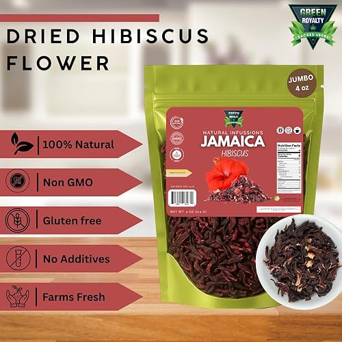 Miniatura 4 de Green Royalty Jamaica (Hibiscus) 4 onzas  Flores de hibisco secas 100% naturales  Sin OMG, sin gluten, infusión de hierbas sin cafeína  Bolsa