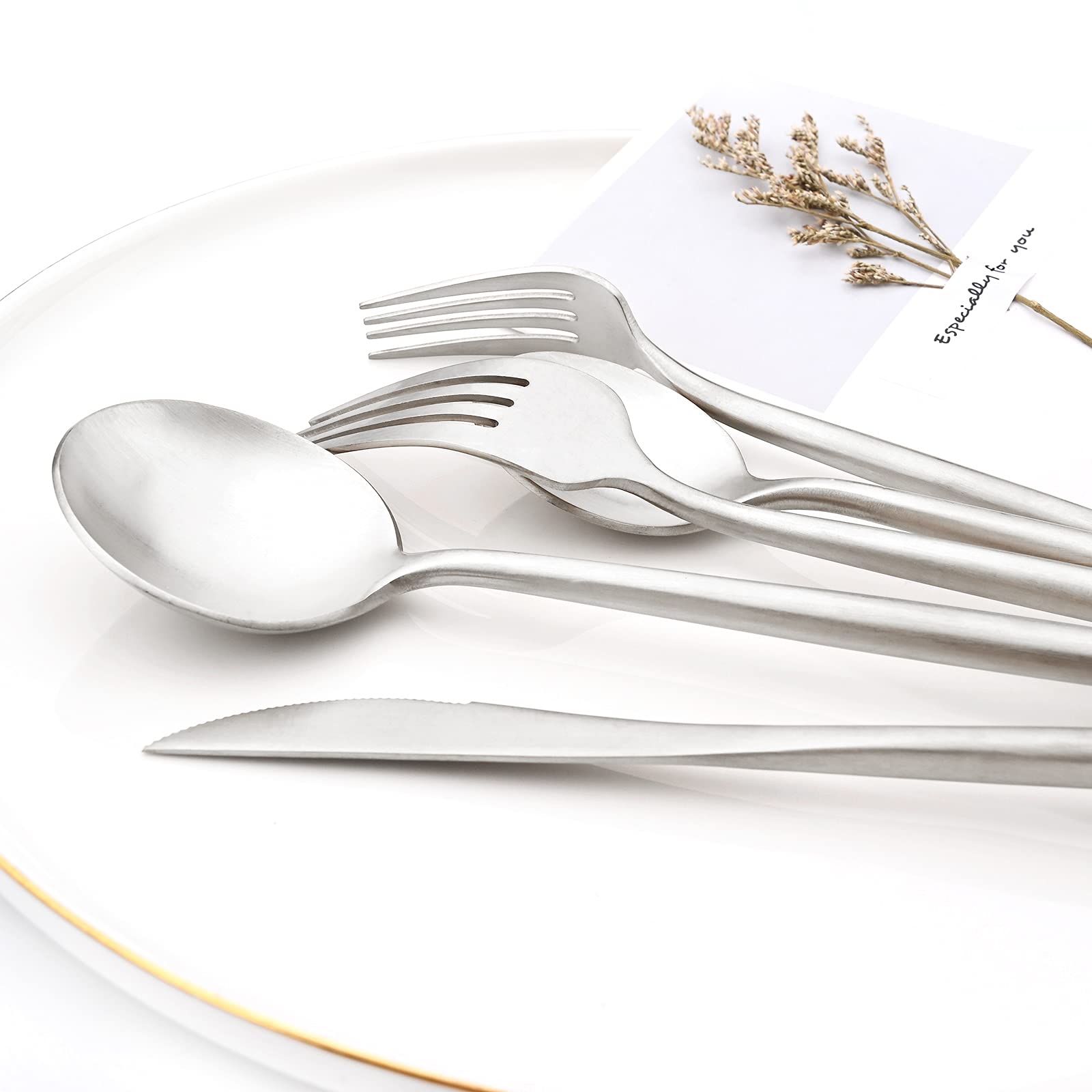 Juego de cubiertos de acero inoxidable 18/10 de 30 piezas, juego de cubiertos pesados mate, ideal para cenar en casa, pareja, restaurante, fiesta, banquete, servicio para 6 unidades (plata)