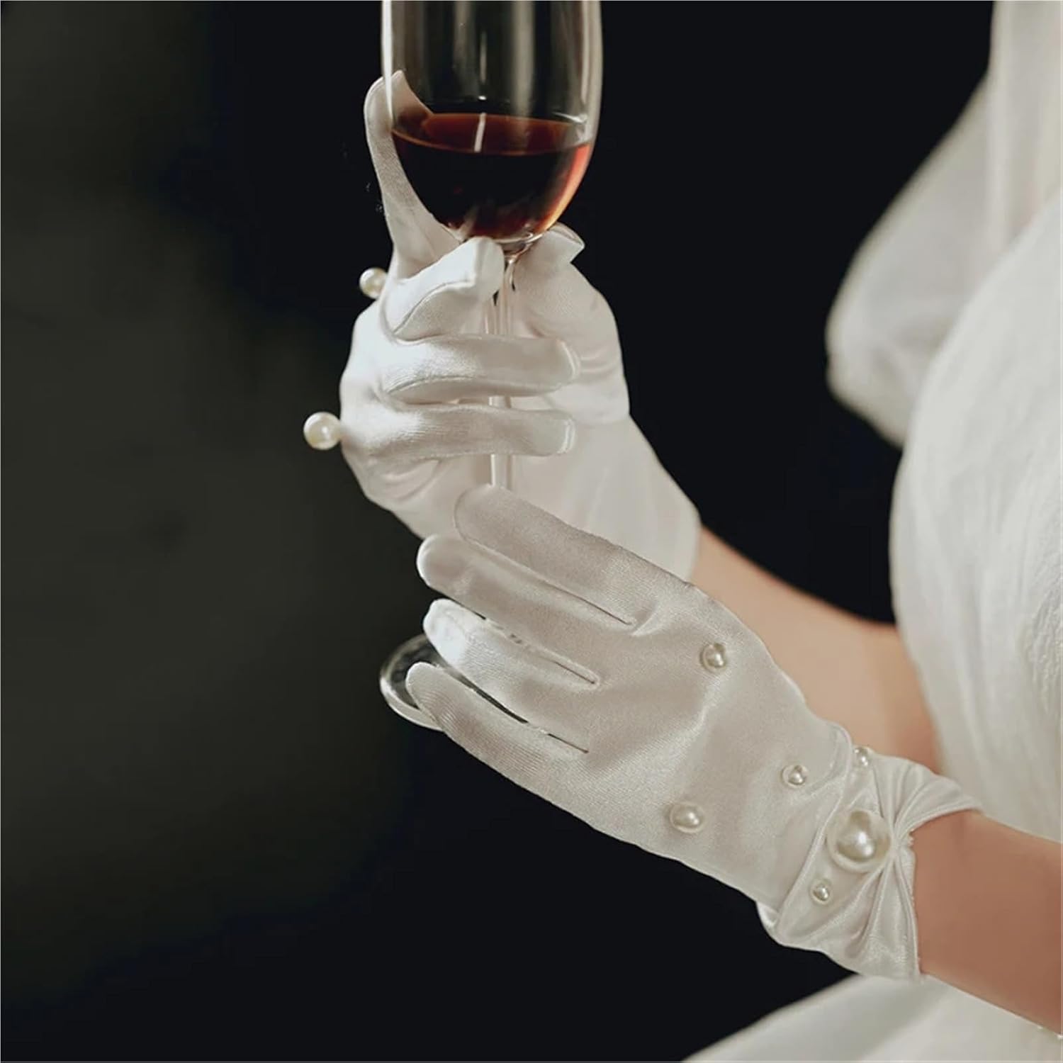 2 Pairs Women Satin Bow Retro Style Pearl Decoration Elegant Wedding Gloves for Weddings, Tea Parties