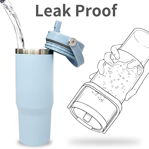 Miniatura 3 de Vaso de 30 onzas con asa superior, vaso aislado al vacío de doble pared con popote abatible, taza de café de viaje de 30 onzas con recubrimiento en