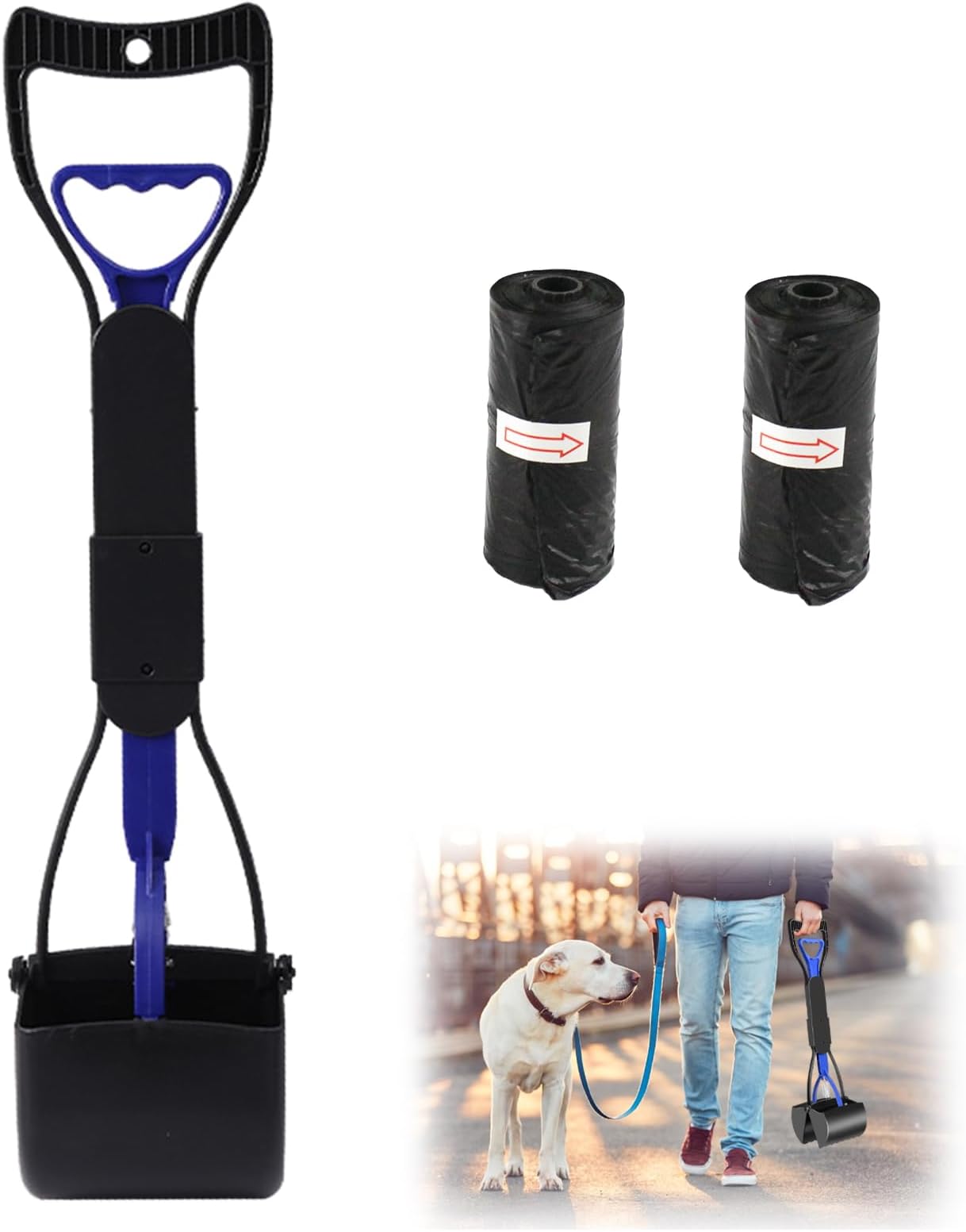 DALAETUS Pet Pooper Scooper Set, 17.7 inch Long Handle Portable Foldable Dog Dirt Scoop with Waste Bag for Outdoor/Indoor Cat Dog Animal Waste Grass Gravel Sand, Blue