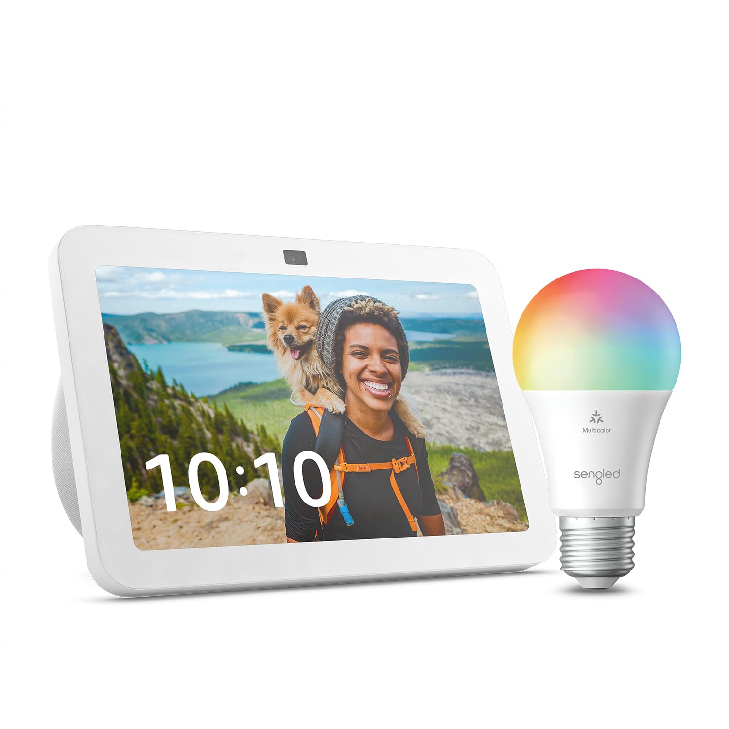 Echo Show 8 (3.ª generación, modelo de 2023) | Blanco + Sengled Bombilla LED inteligente (E27), compatible con Alexa - Kit de inicio de Hogar digital