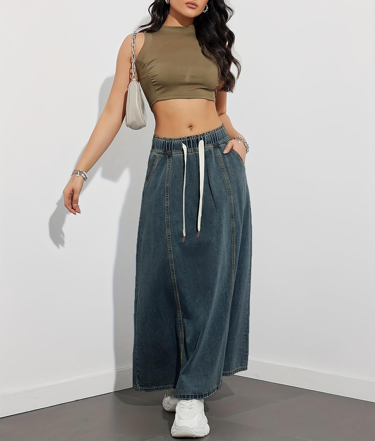 chouyatou Women's Casual Paperbag Elastic High Waist A Line Long Maxi Flare Denim Skirt - Image 6