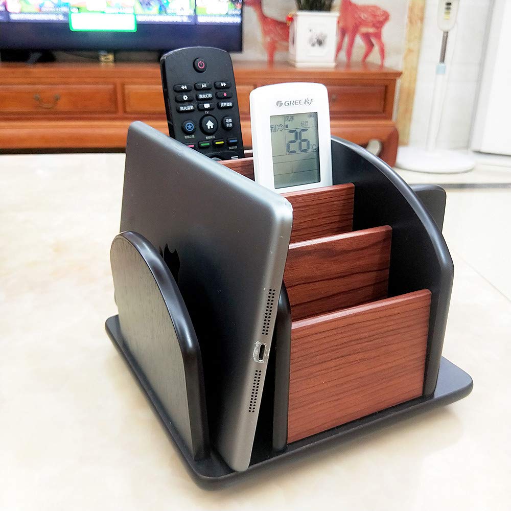 Organizador giratorio de control remoto, soporte de madera para bolígrafos para escritorio, suministros de oficina, almacenamiento de papelería, organizador de escritorio multifunción para el hogar y