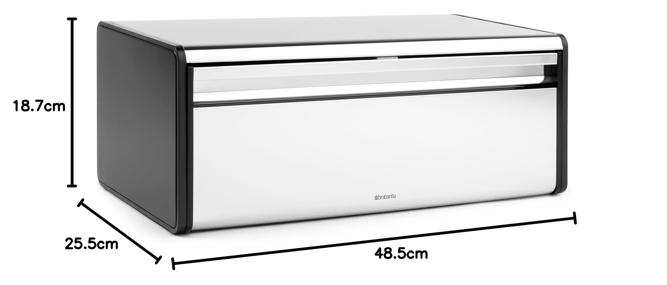 Brabantia Panera Fall Front - Caja grande para pan, bagels, panecillos - Diseño que ahorra espacio con parte superior plana - Brilliant Steel