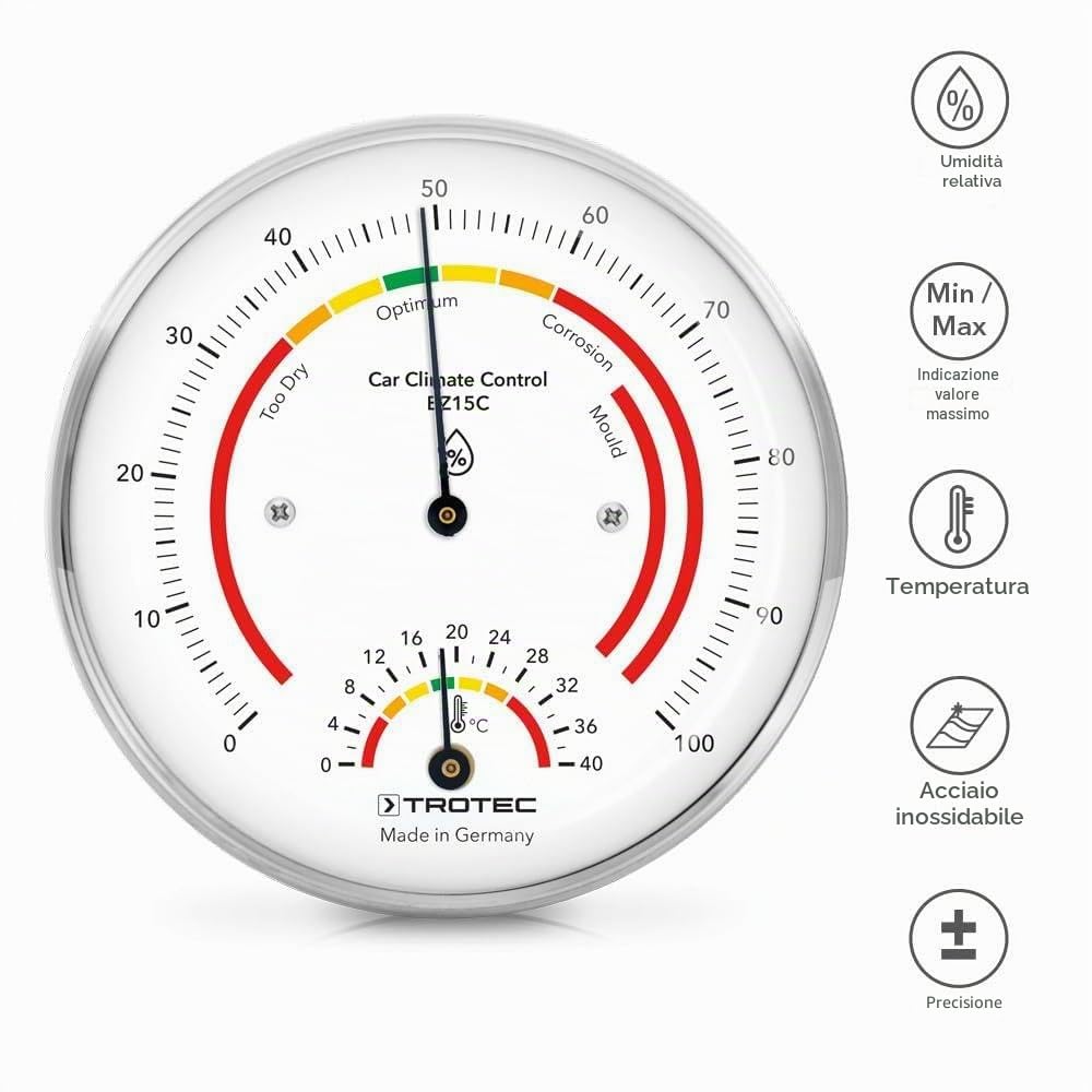 TROTEC Termoigrometro BZ15C Termoigrometro Campo di misura da 0°C a 40°C / da 0% a 100% Misurazione dell'umidità relativa e della temperatura dell'aria Facile da leggere e interpretare