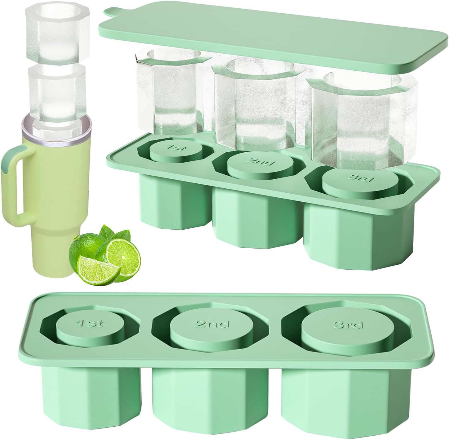Large Silicone Ice Cube Tray for Cup, Reusable Ice Cube Tray and Mold for Tumbler, Silicone Ice Cube Trays with Lid for Freezer Drinks Coffee Whiskey (L Green) (Green L)