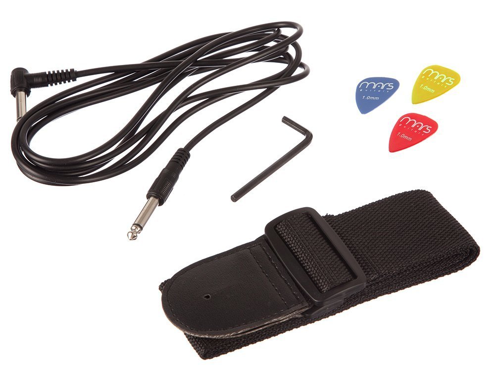 Kit per chitarra elettrica a grandezza naturale di Rockjam con amplificatore per chitarra da 10 watt, lezioni, cinturino, sacchetto del gig, sceglie, whammy, piombo e corde di scorta - Blueburst