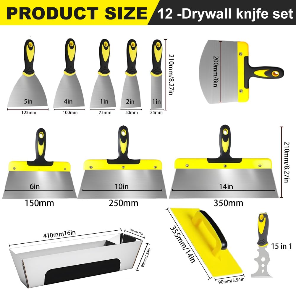 Set di stucchi da pittura in acciaio inossidabile, 12 pezzi, coltello per stucco in acciaio inox, 350-25 mm, strumento per stuccare con PP + TPR manico giallo e nero per cartongesso, intonaco, carta