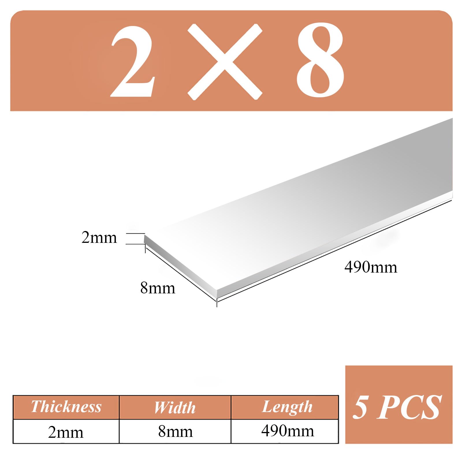 COYOUCO 5 Pieces Aluminum Bar, 2X8/10/12X490mm Aluminum Flat Bar, 6061 Aluminum Flat Plate General Purpose Plate, Solid New Mill Stock,2 * 8 * 490mm 5