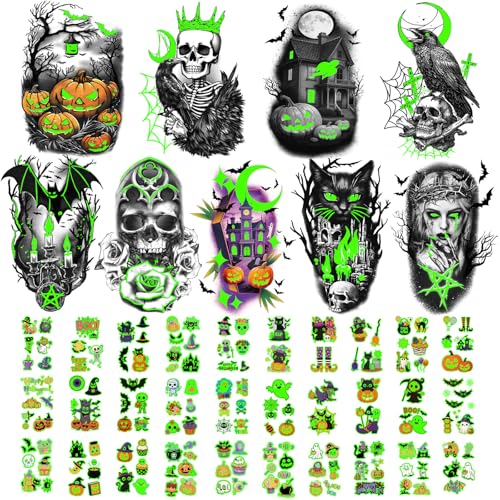 39PCS Glow in The Dark Halloween Temporary Tattoos Adult Kids, 9PCS Realistic Half Sleeve Pumpkin Bat Crow Skull Fake Tattoos, 30PCS Luminous Spider Cat Ghost Tiny Face Body Stickers Party Supplies