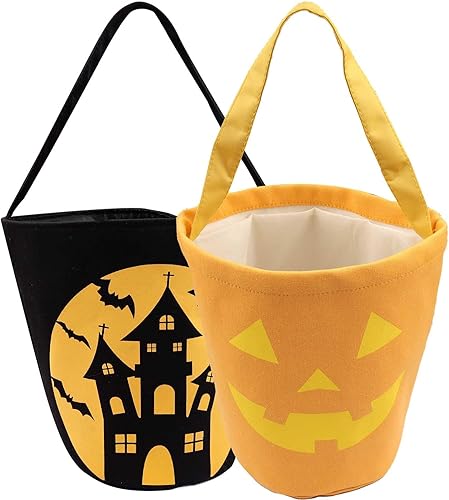 2 cubos de Halloween para truco o trato para niños, cesta espeluznante de lona de calabaza, multiusos, portátil, reutilizable