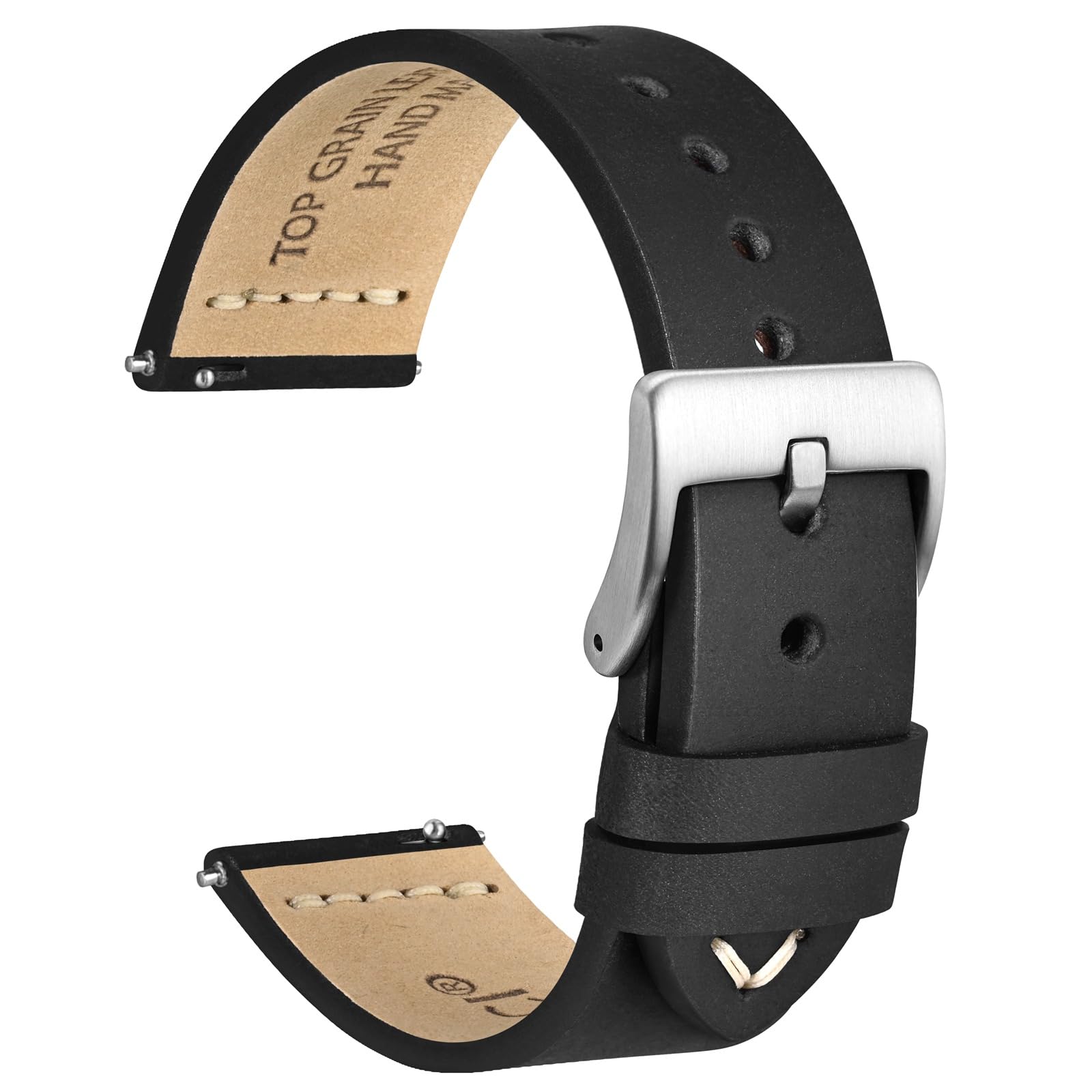 WOCCIOld-fashioned Watch Band, Top Grain Leather, French Wax Thread, Quick Release, Stainless Steel Buckle, Replacement Strap for Men, Band Width 17mm 18mm 19mm 20mm 21mm 22mm 24mm
