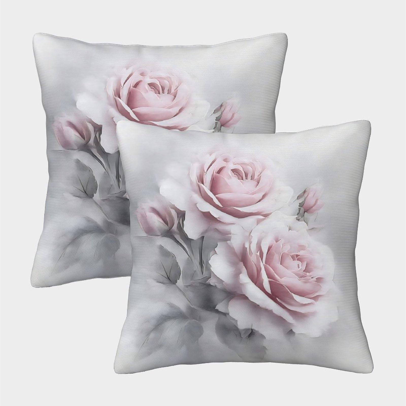 Felasbuid Style-6 Pink Roses—Soft Watercolor Style Pillow Covers 2 Pack Cozy Pillowcases Art Cushion Covers Zippered Decor Sofa For Living Room Bedroom 40X40cm