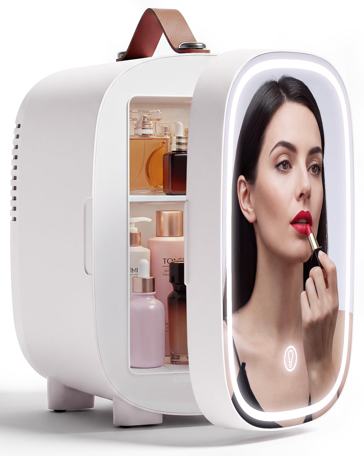 FANSEXPERT - Mini refrigerador para recámara, 4 litros/6 latas para el cuidado de la piel con espejo LED, refrigerador y calentador de 12 V AC/DC portátil pequeño refrigerador para bebidas, maquillaje