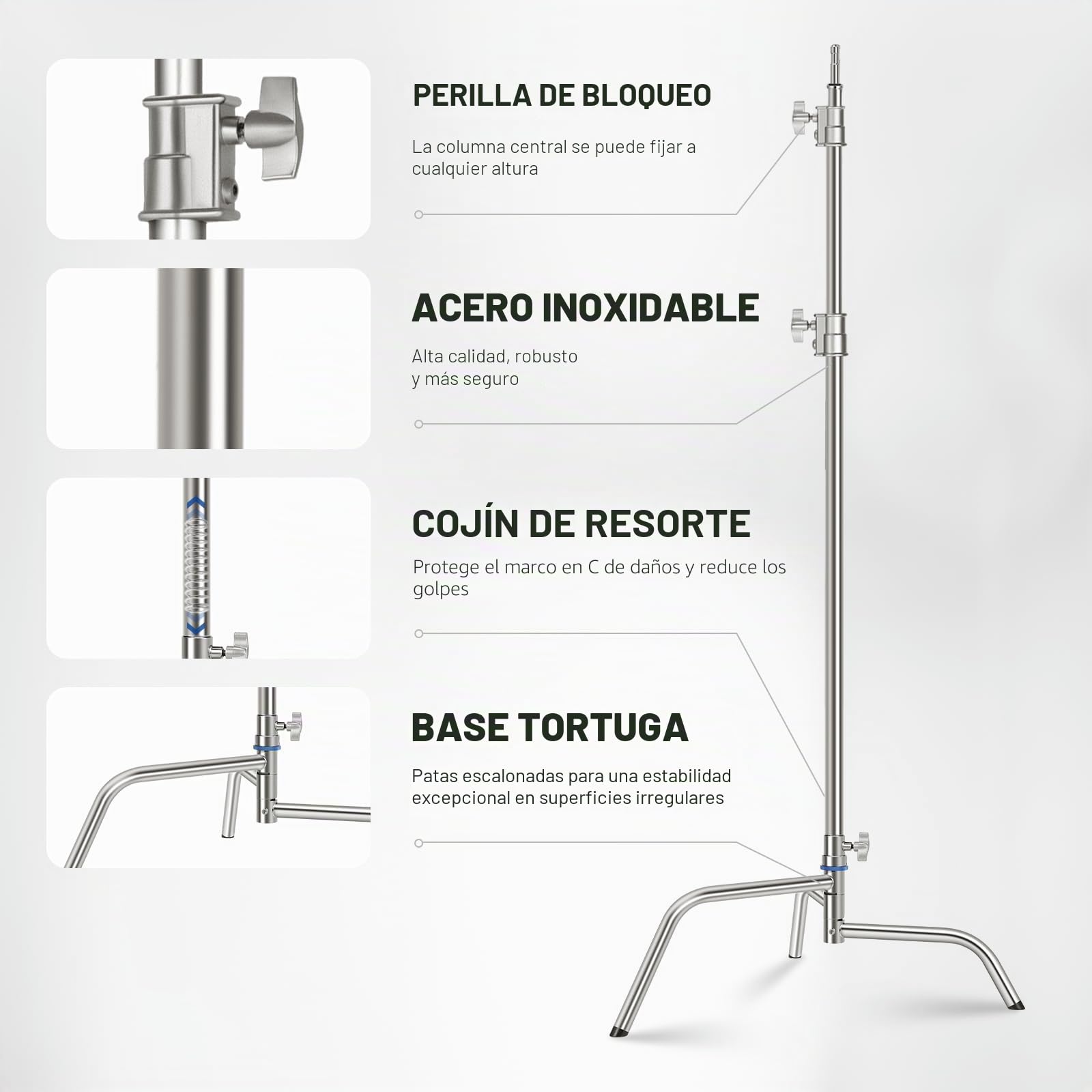 NEEWER Soporte C de Acero Inoxidable de 3,2m con Brazo de Pértigaa, Varilla Central más Gruesa, Carga Máxima 20kg, Fotografía Luz Soporte con Brazo de 1,27m para Monolight Softbox, SC320Q