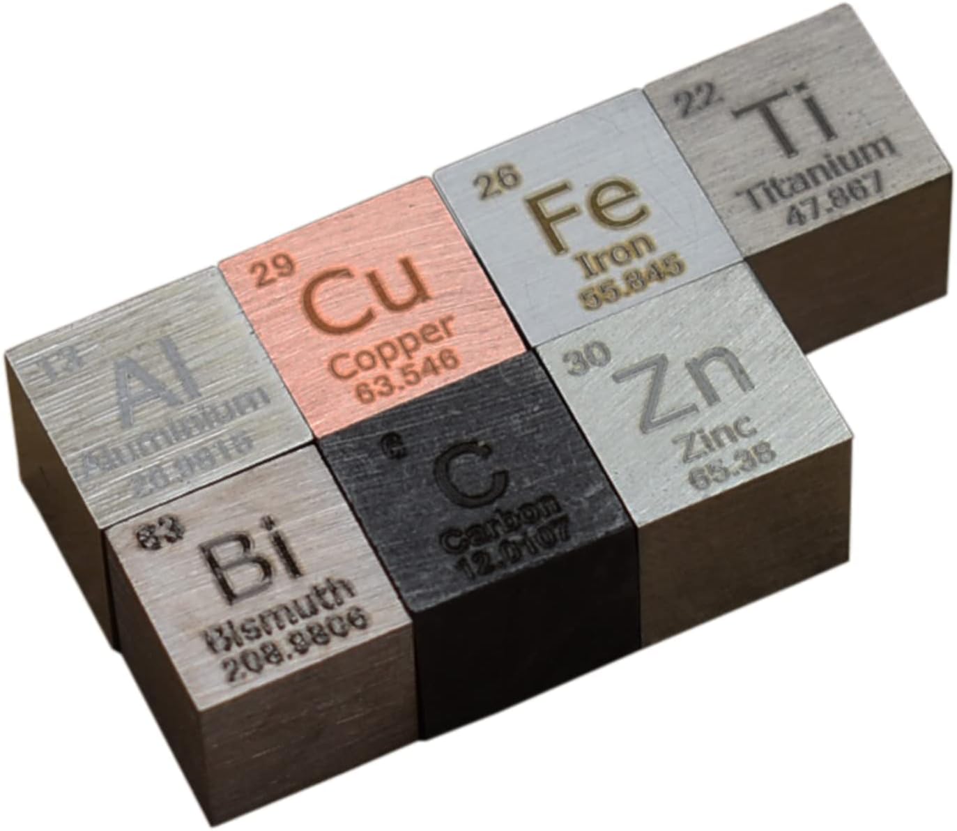 7 PCS Metal Element Cube Set 10mm Copper Carbon Iron Zinc Titanium Aluminium Bismuth Metal Cubest Density Cubes Up to 99.99% Pure for Collections DIYs