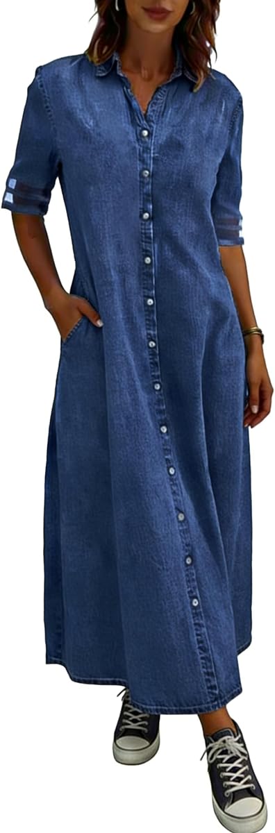 utcoco Denim Dress for Women Short Sleeve Button Down Long Jean Dress | Tulle Sleeve, Denim Shirt Dress, Pockets, Loose Fit, Midi Length, Casual Dresses for Women