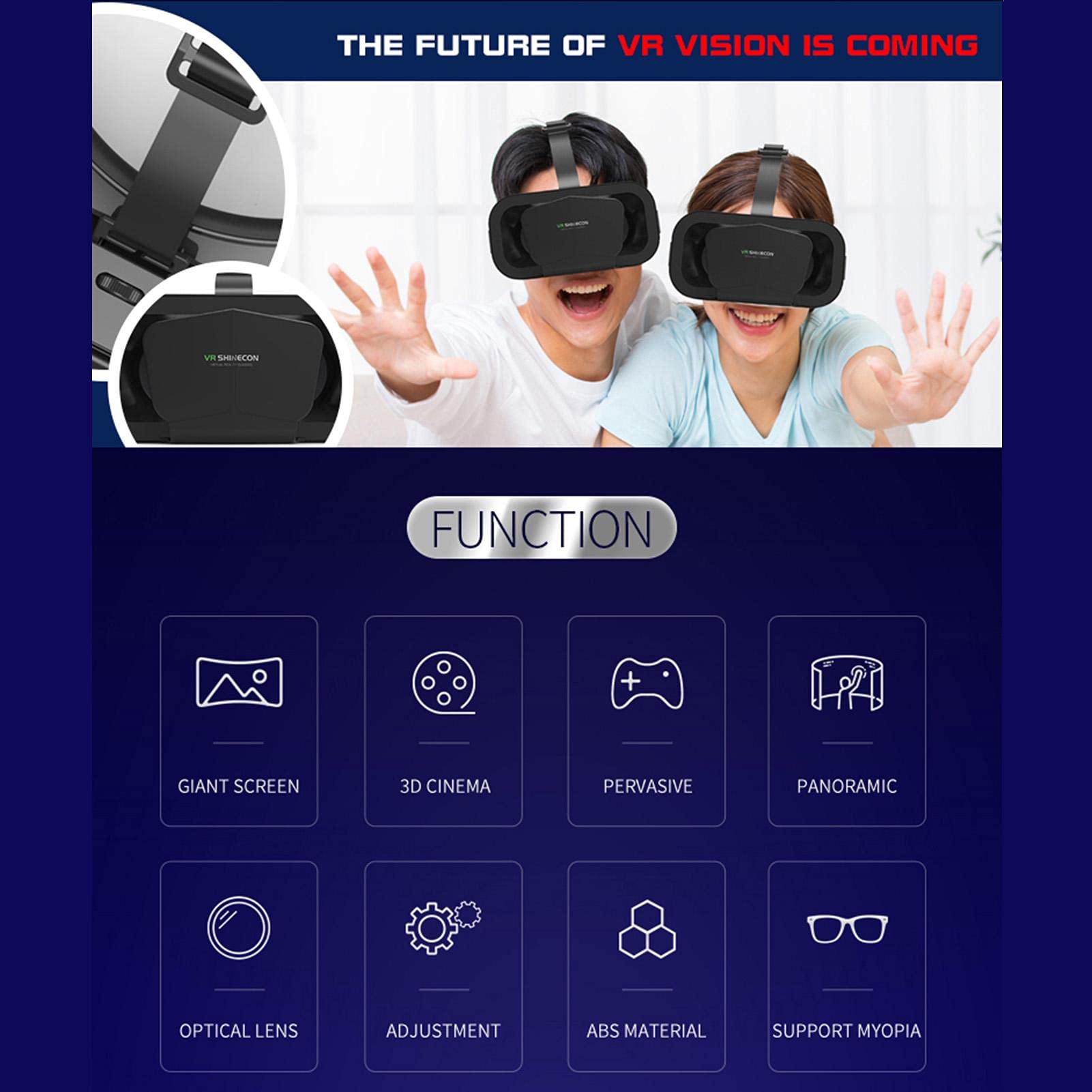 Occhiali 3D VR, occhiali per realtà virtuale VR montati sulla testa, occhiali VR Box per film 3D, videogiochi, adatto per smartphone da 3,5 a 7,25 pollici