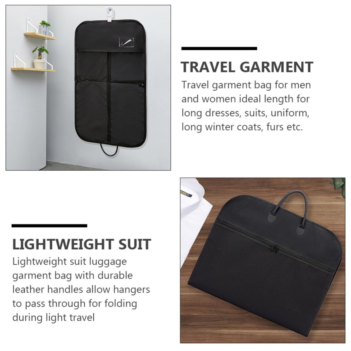 Borsa per Indumenti da Viaggio Pieghevole 1 Pezzo in Oxford Nero | Doppie Maniglie, Passaggio per Grucce, per Uso Professionale e Viaggio Leggero, Adatta a Uniformi e Cappotti