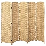 MyGift Handwoven Beige Bamboo 5 Panel Partition Semi-Private Room Divider with Dual Hinges