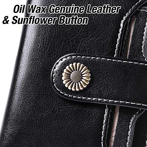 Image of GOIACII Cute Women's Wallets Ladies Leather Billfold Small Black | RFID Blocking, Oil Wax Leather, 2 ID Windows, Compact Size, Multiple Card Slots, Zipper Coin Pocket, Bifold Card Holder
