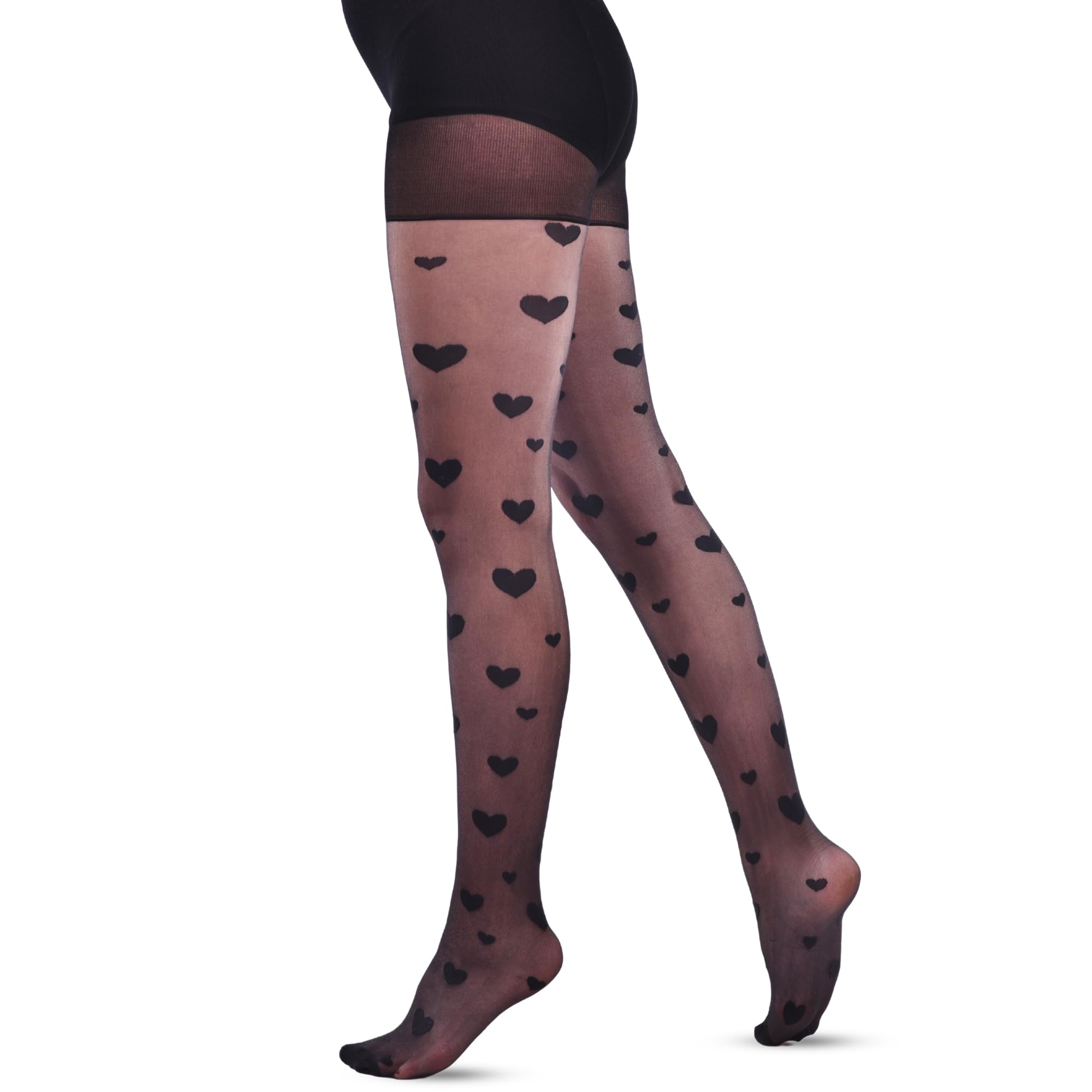 Pinky Black Tights for Women with Hearts Pattern, Ultra Soft & Durable Black Stockings | Pantyhose for Women Ages (18-80) | Stretchy & Comfy Women's Tights