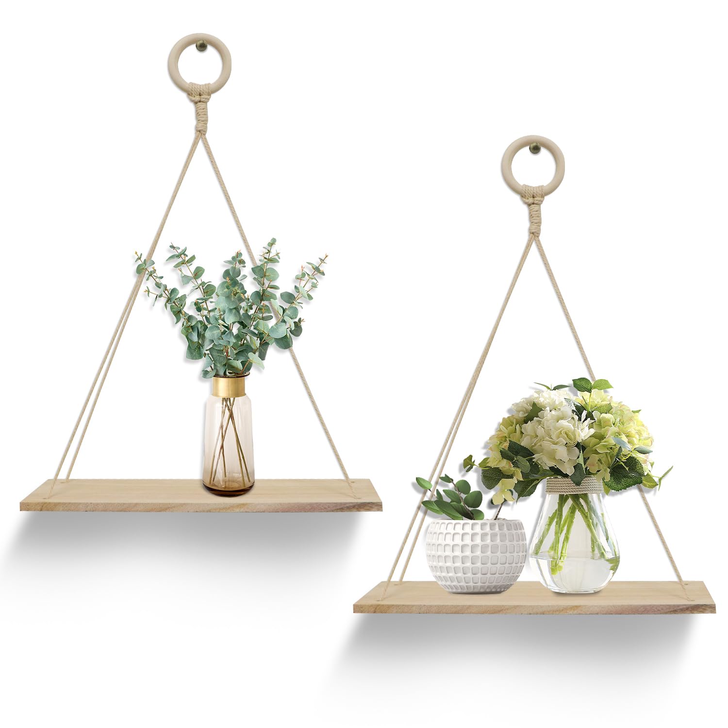 YiYa 2Pcs Rope Hanging Floating Shelves Hanging Shelves for Wall Modern Wall Hanging Shelves Wooden Floating Shelves with String Rope for Living Room Bathroom Bedroom Small Plants Decor