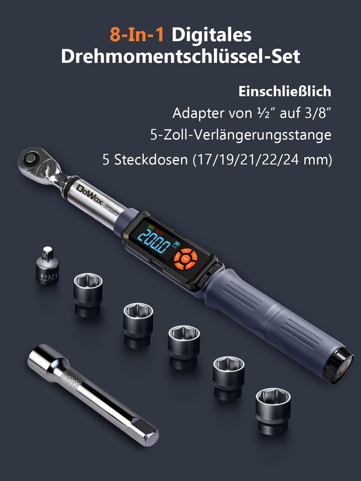 10-200Nm Digitaler Drehmomentschlüssel| 1/2" Antrieb 90-Zahn-Ratschen | Vibrations- LED- & Summeralarm | Mit Adapter & Verlängerung
