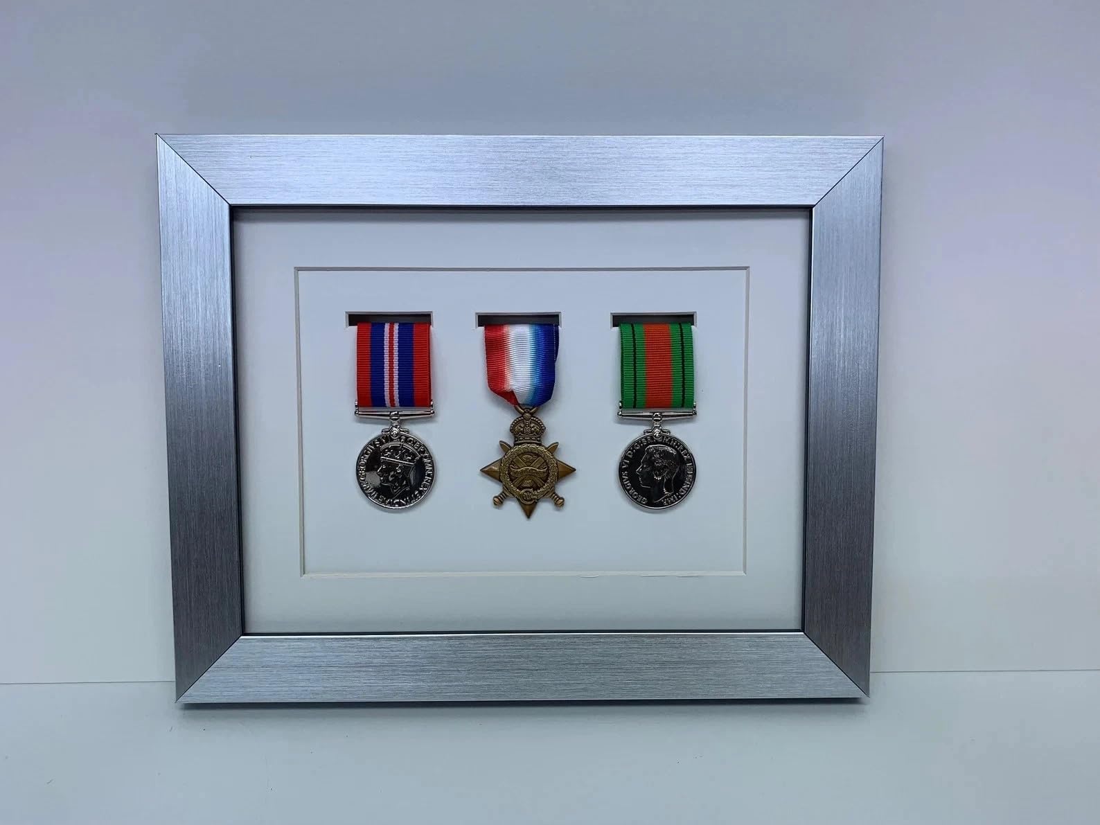 Kwik Picture Framing Ltd 3 Medal War Medal Display Frame 32x27cm, White Mount - Military Shadow Box Display Case | Army RAF Navy Wall Mounted Memorabilia