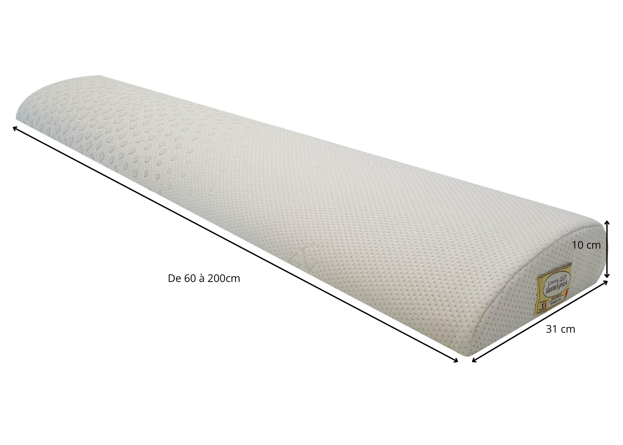 Traversin pupitre Type DUNLOPILLO 100% Latex perforé Double Face, Housse Tencel Lavable, Densité 45kg/m3, Made in France, Largeur 60 cm