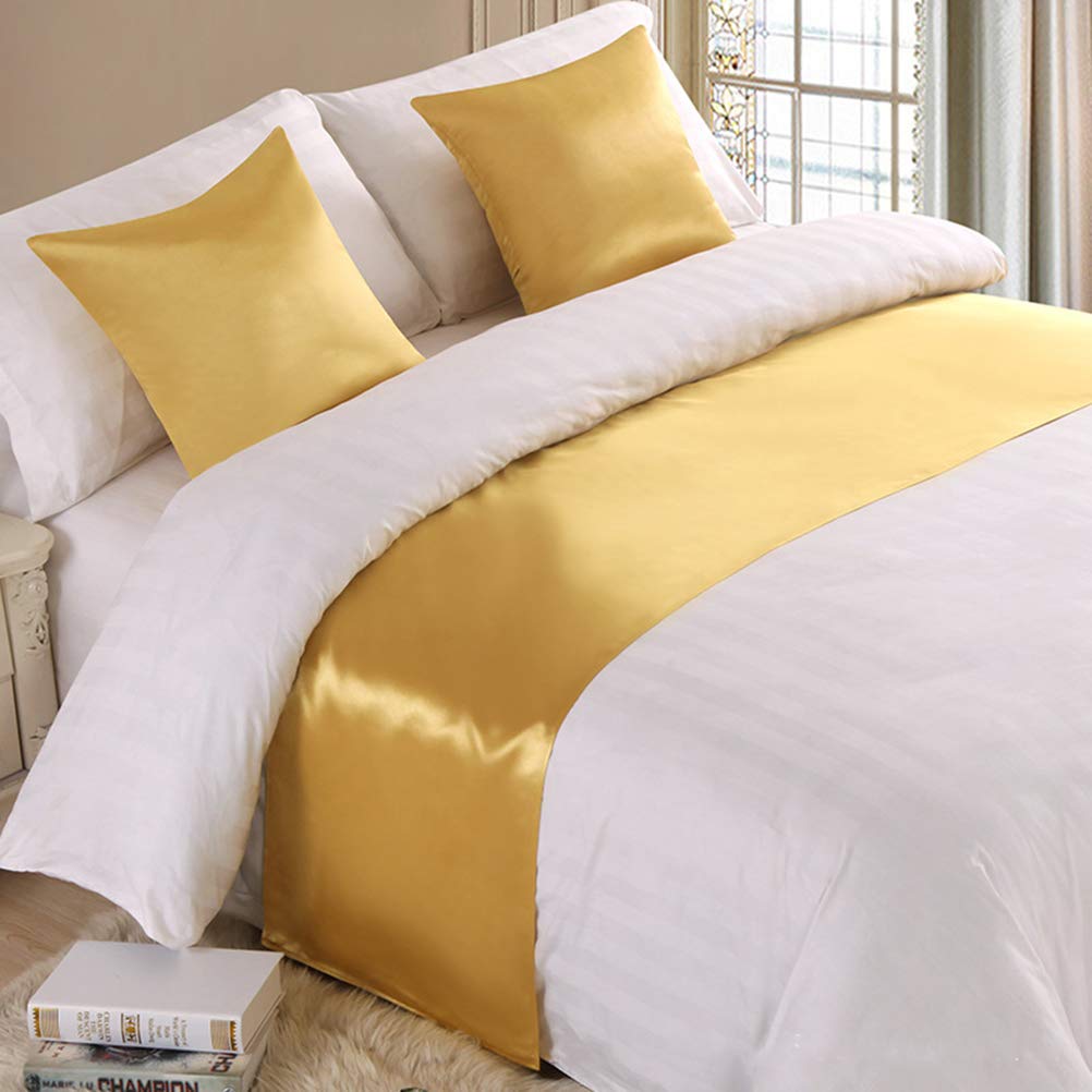 Twelve Luxury Satin Yellow Bed Runner King Bed Scarf Decorative for Bedroom Hotel Wedding Room