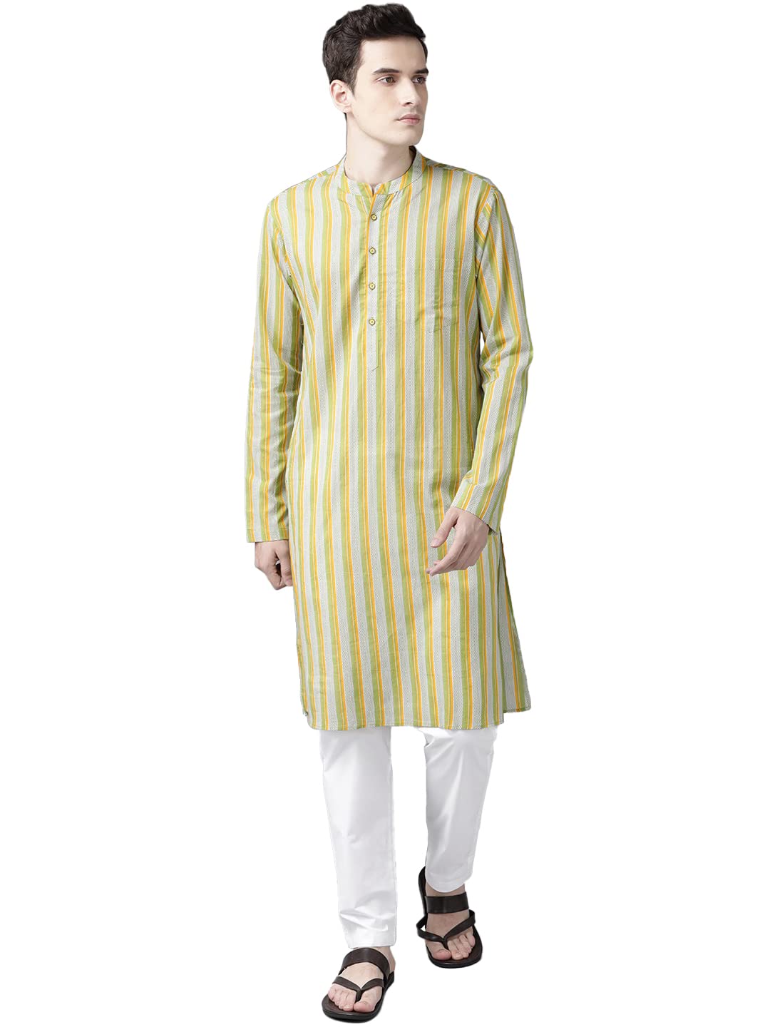 See Designs Yellow & White Cotton Regular Fit Mandarin Collar Printed Kurta Set_Sdkt98501S