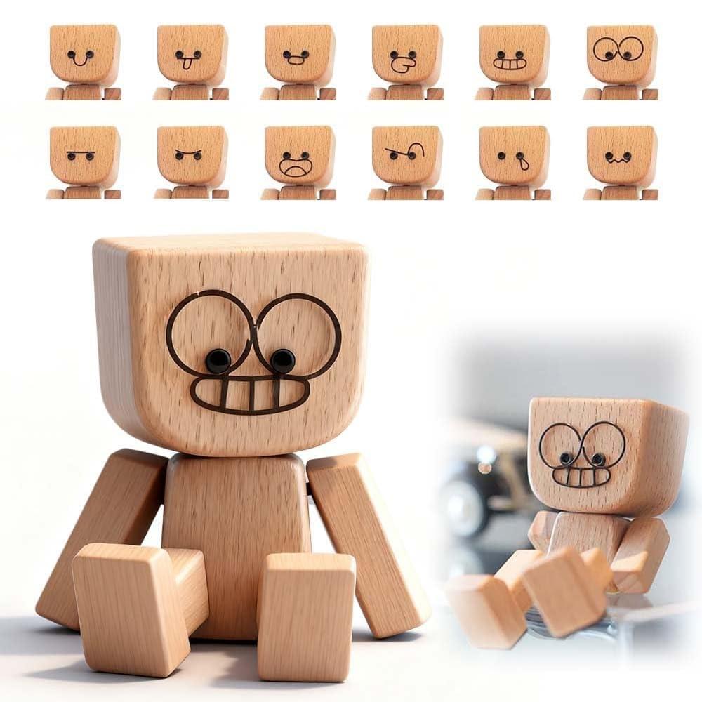 SUJAHHUJIQ Shaking Wooden Man Figurine for Car Dashboard, Funny Handmade Shak Feet Woodens Doll Suitable for Car Accessories and Desk Decoration with 12PCS Magnetic Expressions