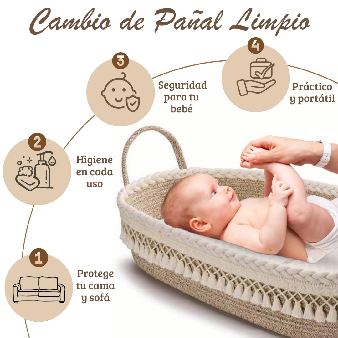 SEBRAM Cesta Cambiador Bebé + Colchón cambiador Impermeable limpieza rápida suave y acolchado - Cambiador de pañales Portátil y Plegable con Bolsa de Viaje | Diseño Elegante Boho (Beige)