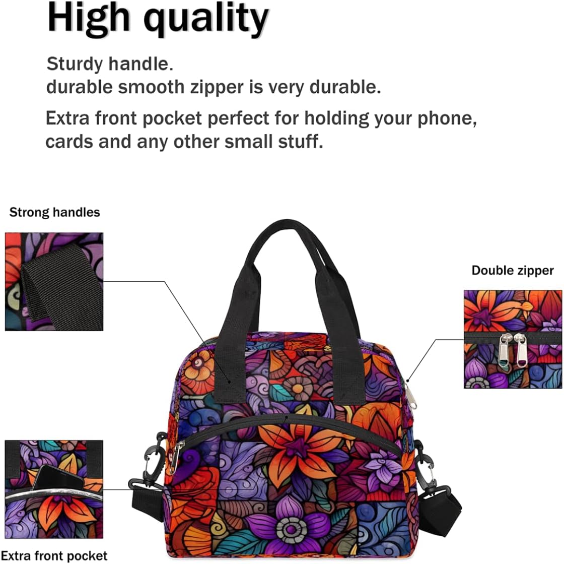 Florals Ethnic Pattern Insulated Lunch Bag with Detachable Shoulder Strap & Carry Handle Reusable Eco-friendly Cooler Bag Tote Bag Picnic Box for Kids Men Women