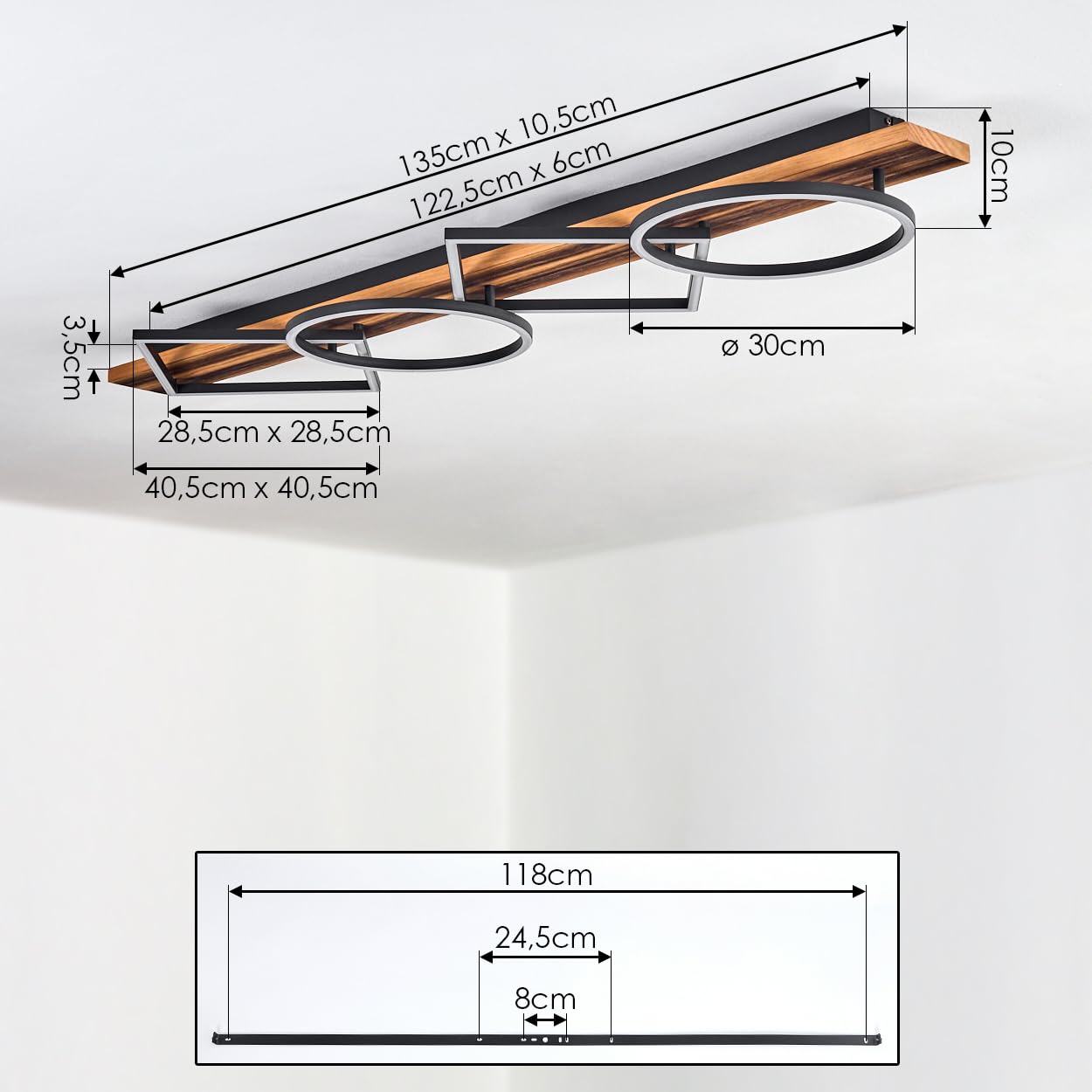 HOFSTEIN LED Deckenleuchte Pompu, Deckenlampe aus Metall/Holz/Kunststoff in Schwarz/Holz dunkel/Weiß, 3000 Kelvin, moderne Leuchte mit Holzbalken für Schlafzimmer, Esszimmer, Wohnzimmer, Küche, Flur
