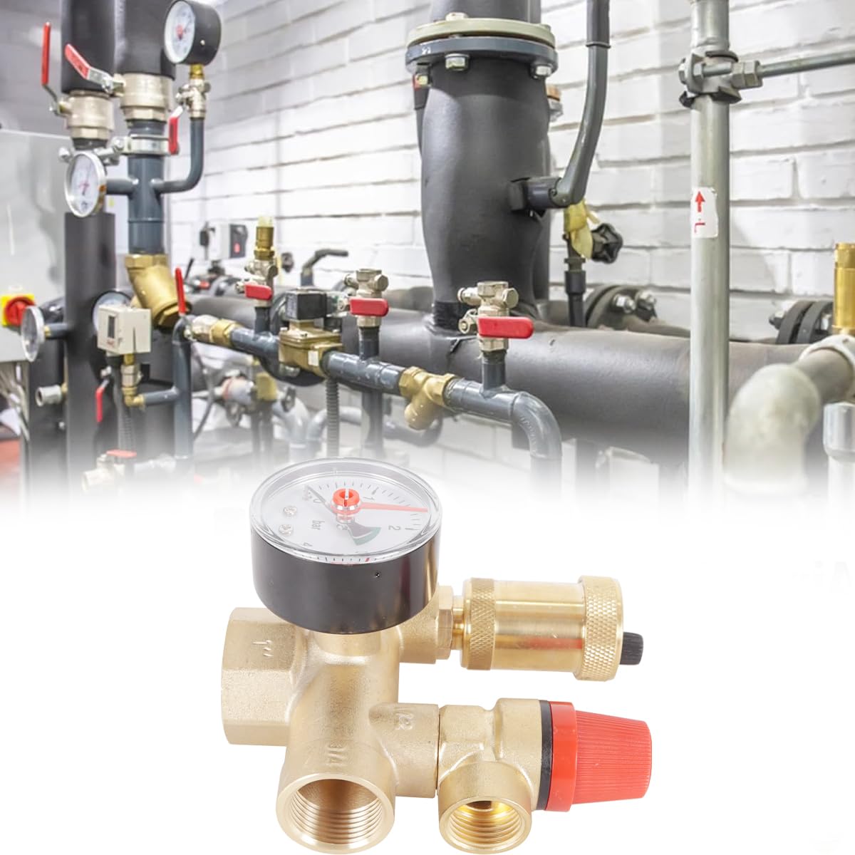 Alide Gruppo di sicurezza caldaia con manometro, valvola di sicurezza 3 bar, spurgo automatico, kit di protezione circuito riscaldamento in ottone (DN25)