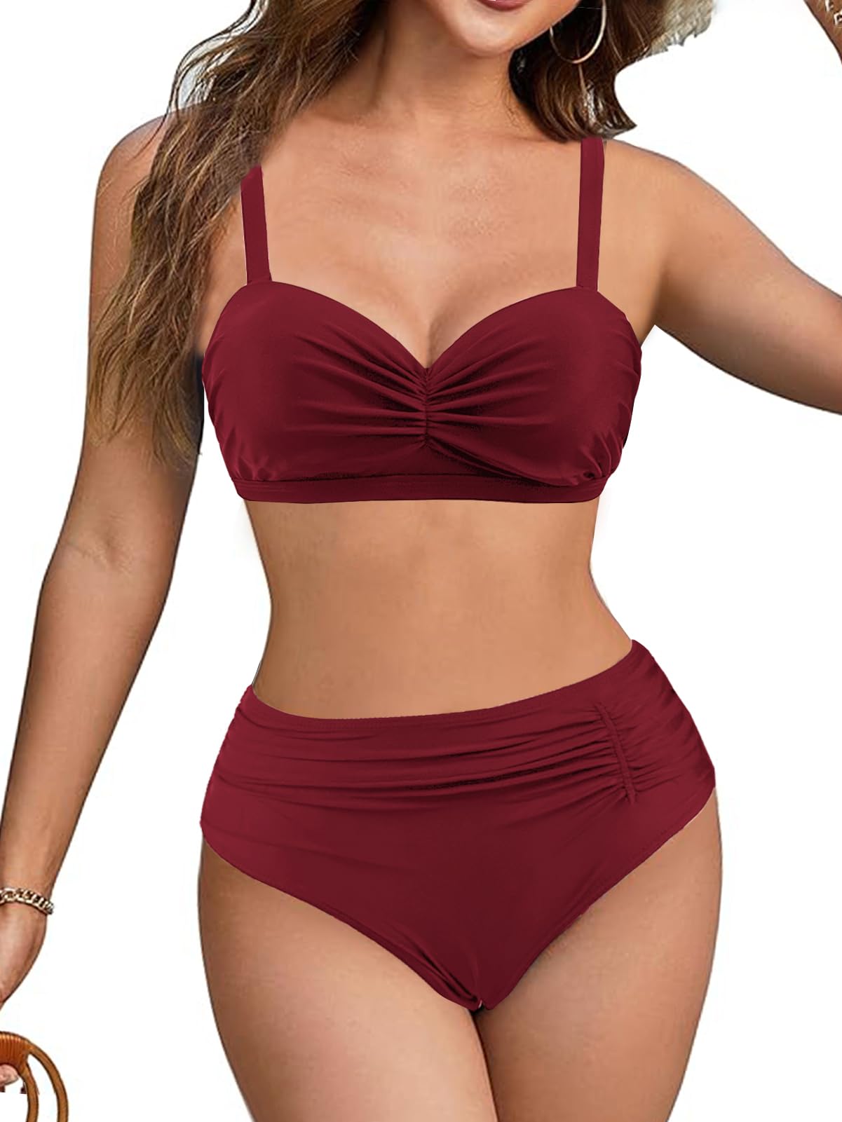 JFAN Costume da Bagno Donna 2 Pezzi A Vita Alta Ruched Bikini Classico Push Up Reggiseno Beachwear Bandeau Removibile Swimwear