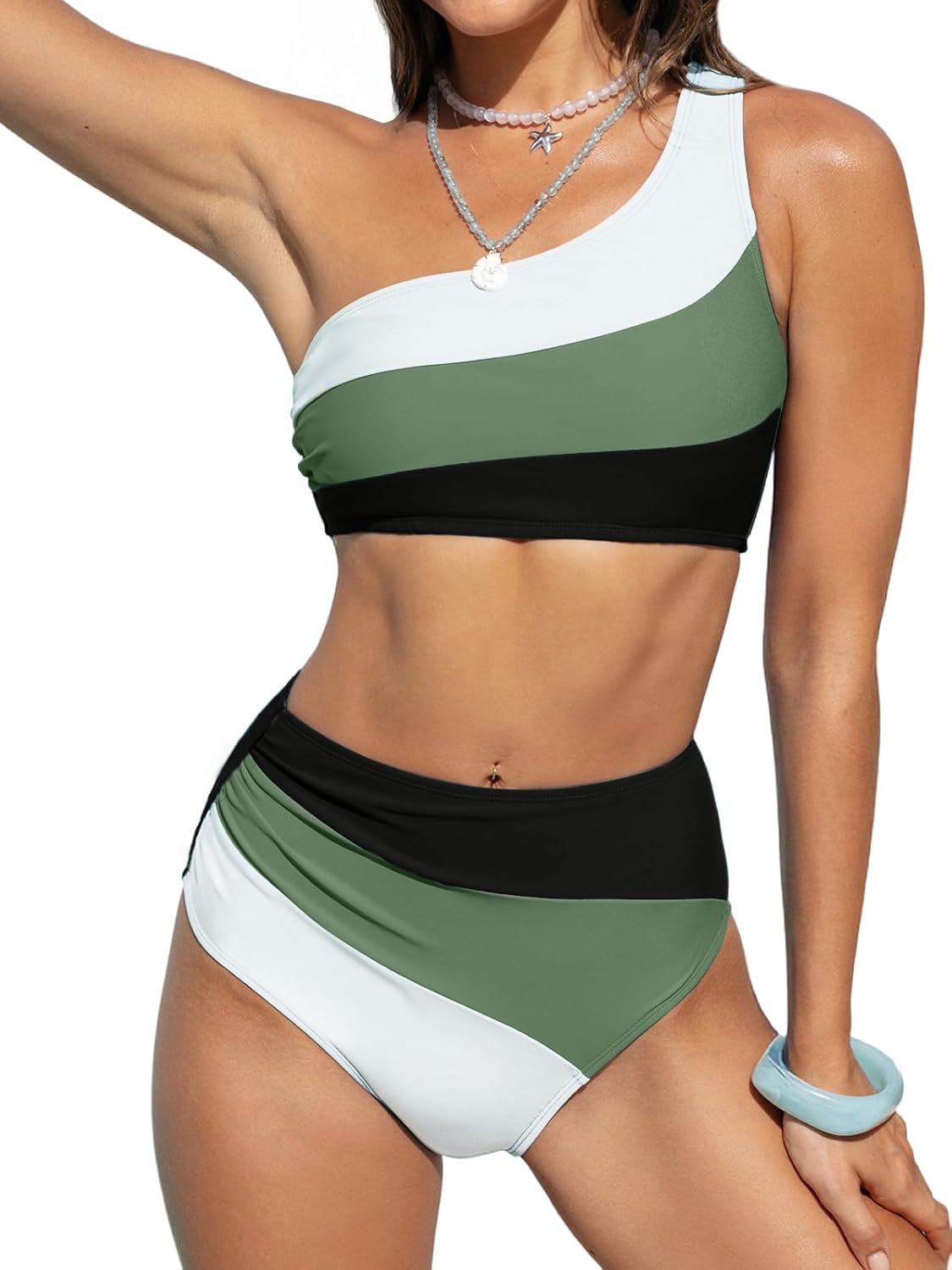 CUPSHE Women's Bikini Sets Two Piece Swimsuit High Waisted One Shoulder Color Block Ruched Asymmetrical