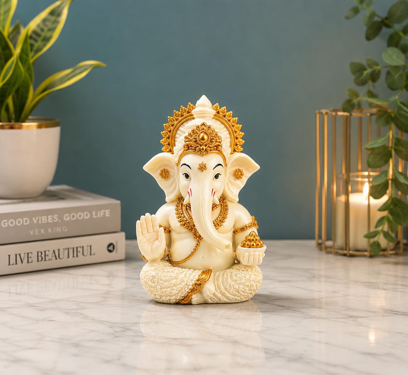 eCraftIndia Peach Ivory Finish Lord Ganesha Statue for Car Dashboard, Home Decor, Office Desk & Puja Room | Ganesh Murti Gift-image-3