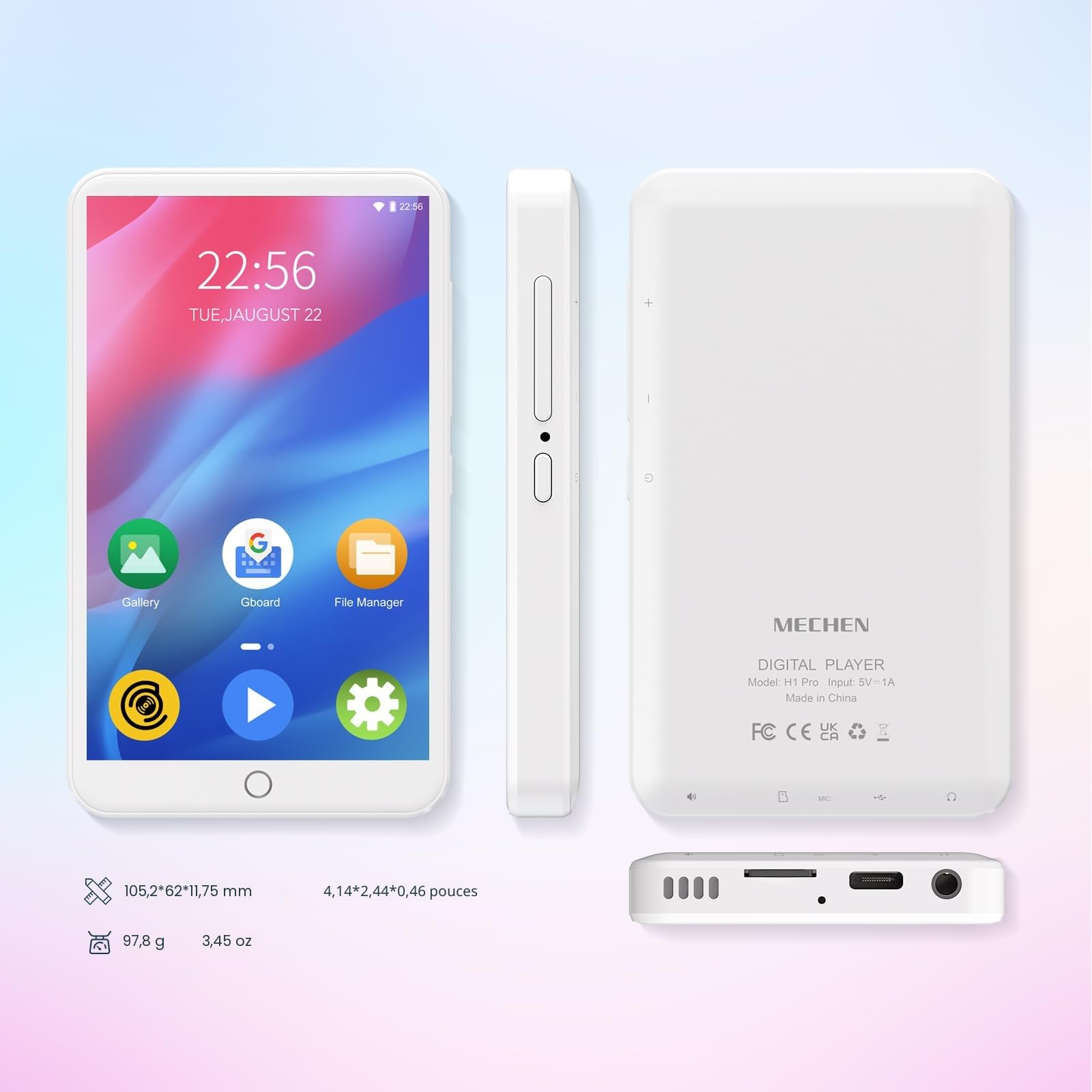 MECHEN Lecteur MP3 Spotify Bluetooth MP4 Radio WiFi Android 9.0 Écran Tactile 4 Pouces Blanc