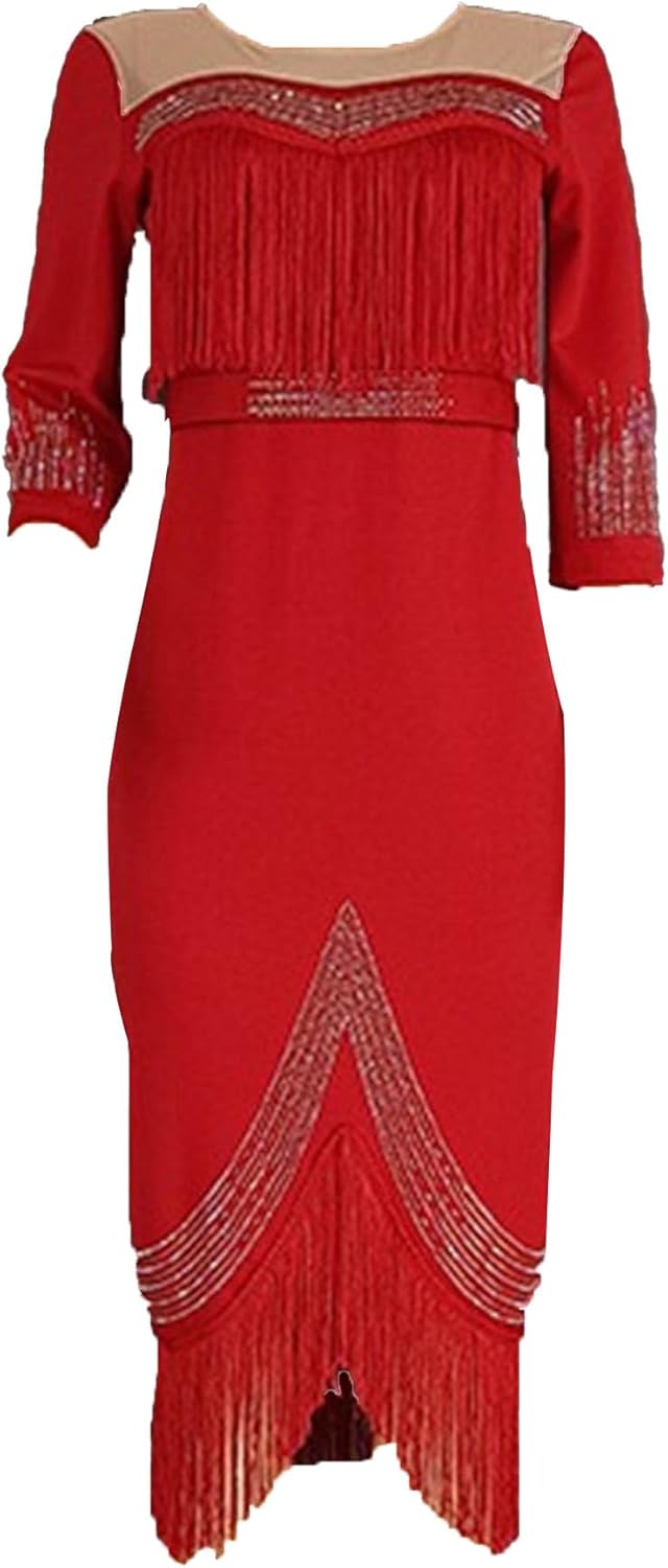 JEKE-DG Women's Plus Size Bodycon Dress V Neck Fringe Trim Wrap Hem Dress Long Sleeve Cocktail Party Maxi Dress
